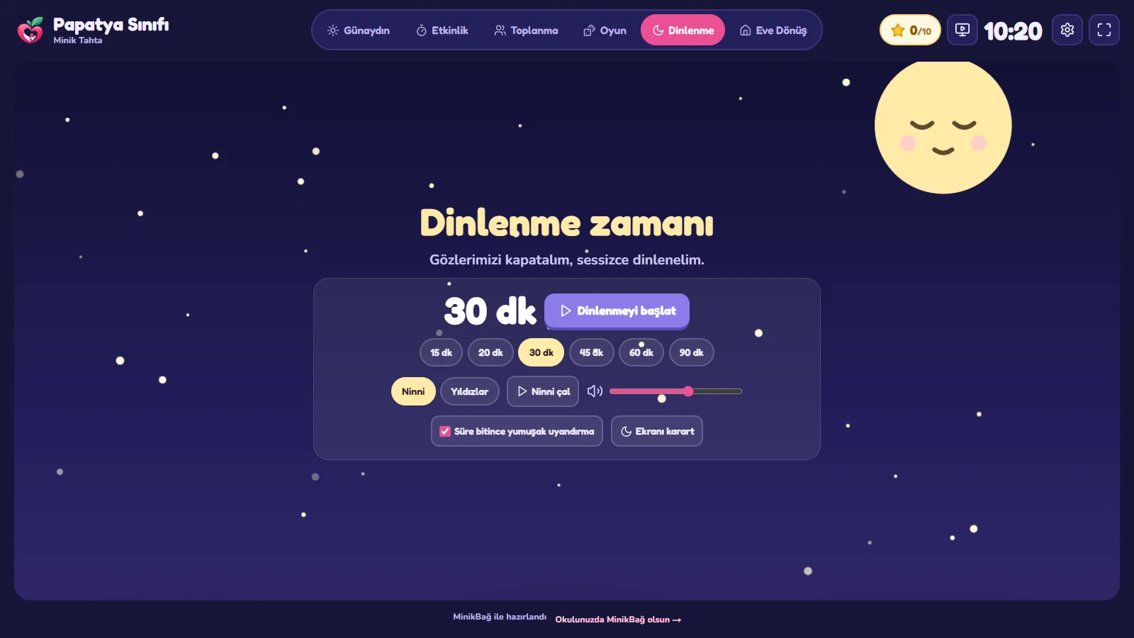 Dinlenme ekranı: yıldızlı gece, dinlenme süresi ve ninni ezgisi