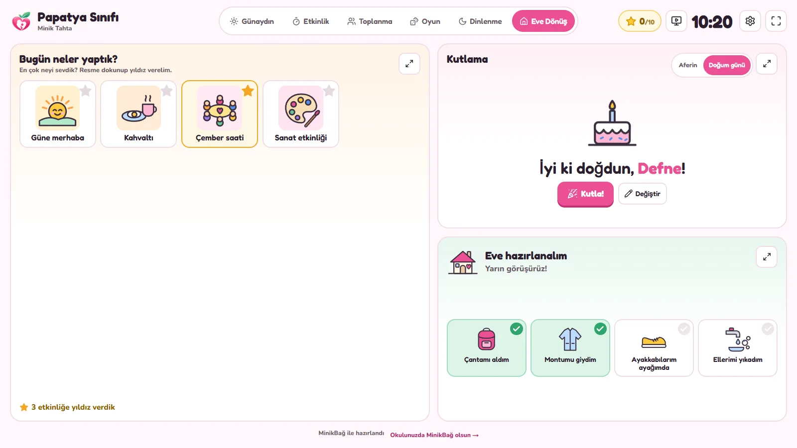 Eve dönüş ekranı: bugün neler yaptık panosu, doğum günü kutlaması ve eve hazırlık listesi