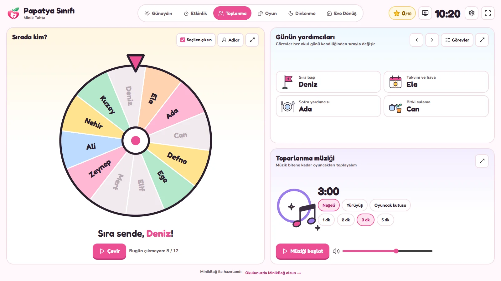 Toplanma ekranı: isim çarkı, günün yardımcıları ve toparlanma müziği