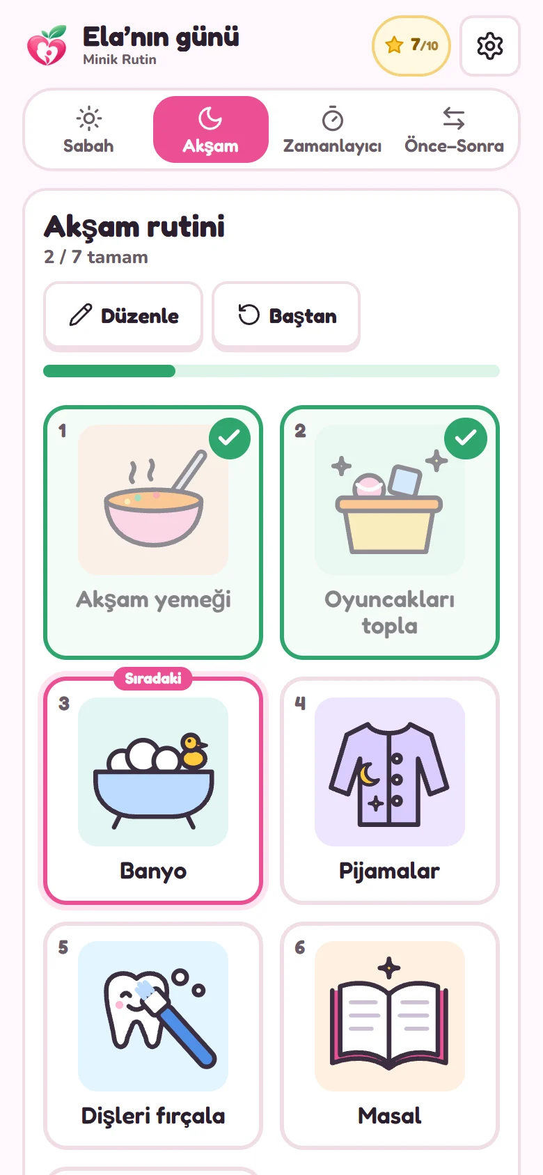 Minik Rutin akşam rutini: iki adım tamamlanmış, sıradaki adım banyo