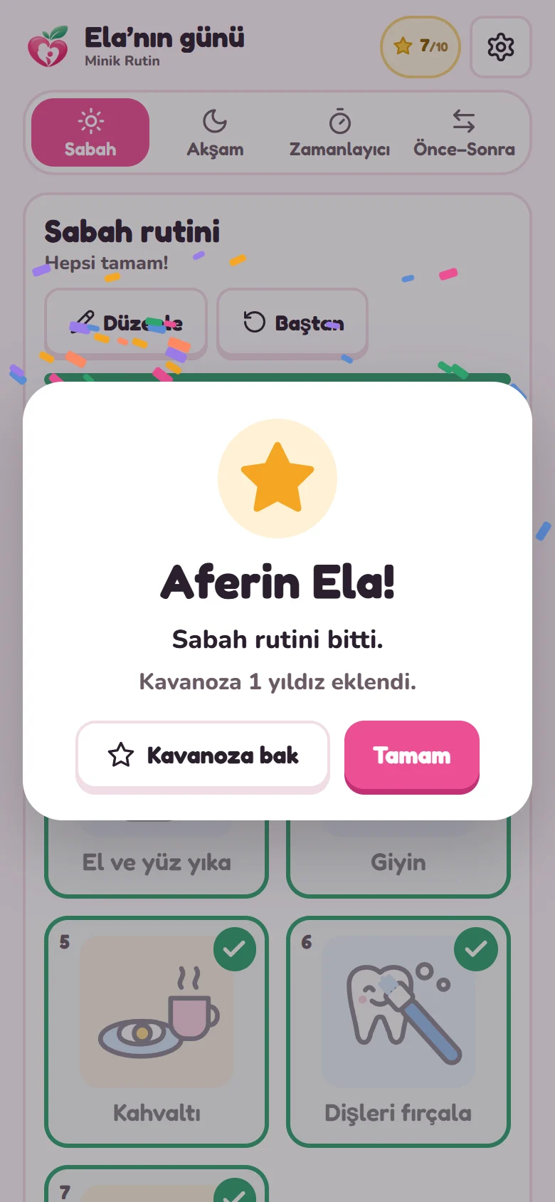 Minik Rutin: sabah rutini bitince “Aferin Ela!” kutlaması ve kavanoza eklenen yıldız