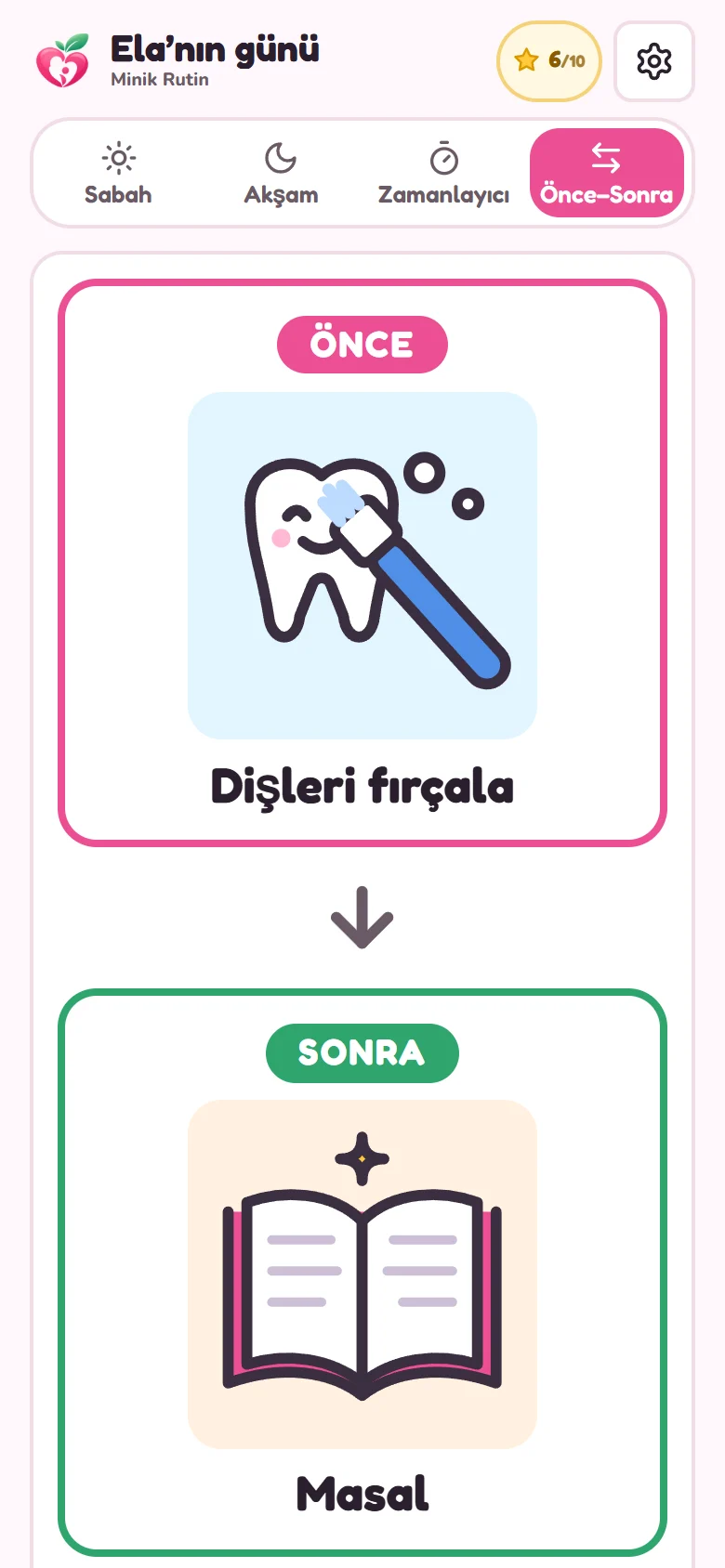 Minik Rutin Önce–Sonra panosu: önce dişleri fırçala, sonra masal